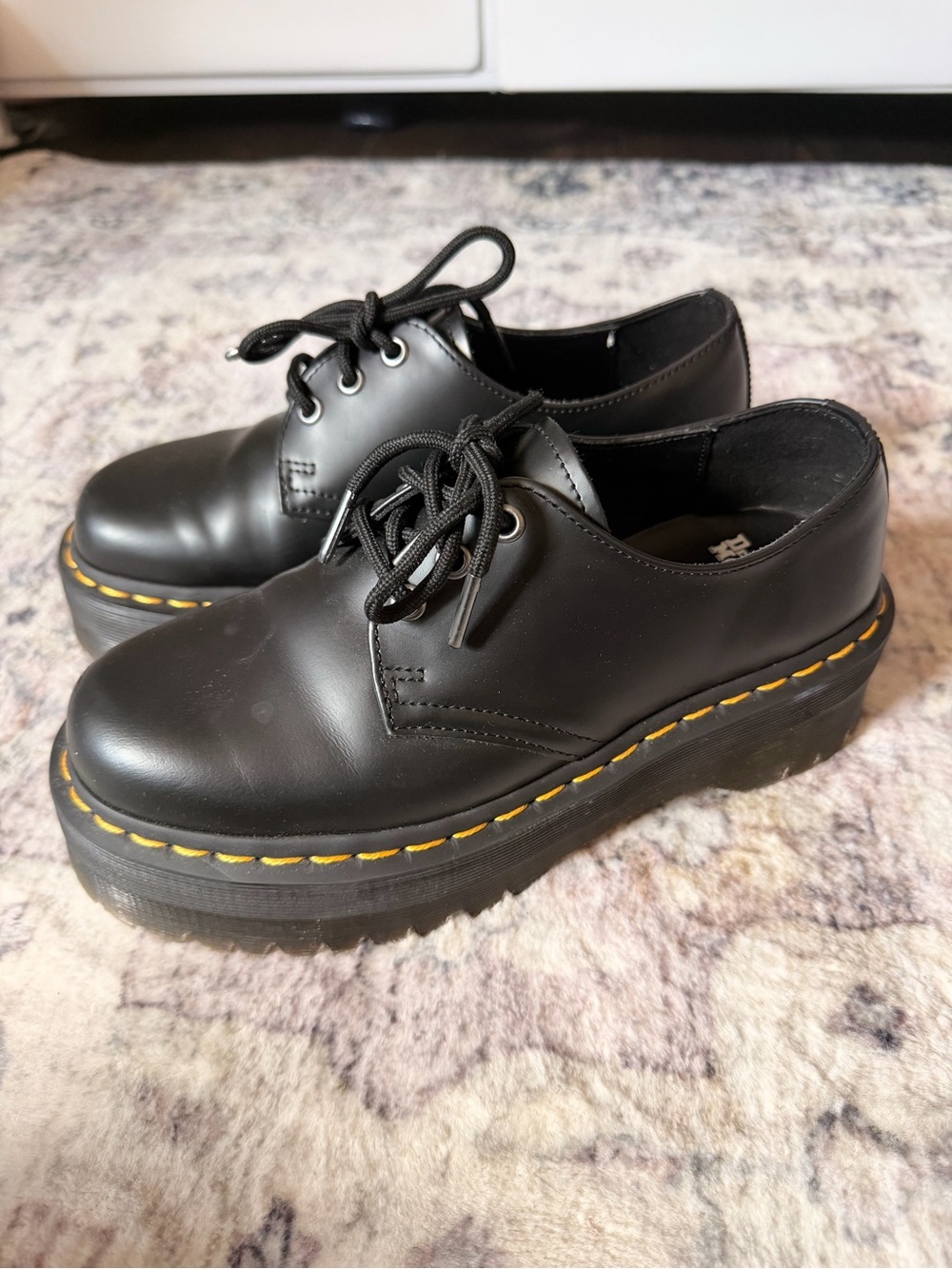 Dr. Martens Black Leather Platform Oxford Shoes with Yellow Stitching